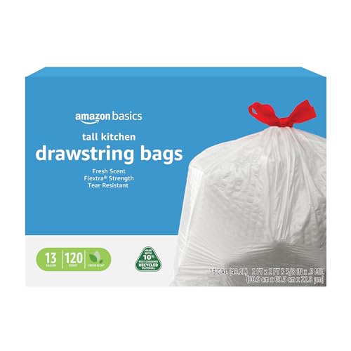 Amazon Basics 13 Gallon Flextra Strength Tall Kitchen Drawstring Trash Bags, Clean Fresh Scnet, Tear Resistant, 10% Post Consumer Recycled, 120 Count