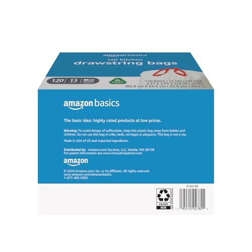 Amazon Basics 13 Gallon Tall Kitchen Drawstring Trash Bags, Unscented, 10% Post Consumer Recycled, 120 Count