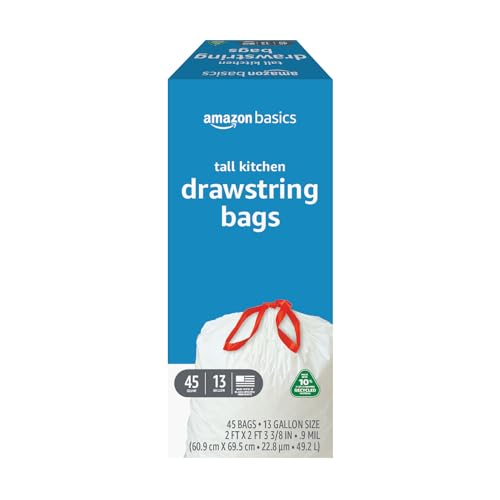 Amazon Basics 13 Gallon Tall Kitchen Drawstring Trash Bags, Unscented, 10% Post Consumer Recycled, 45 Count