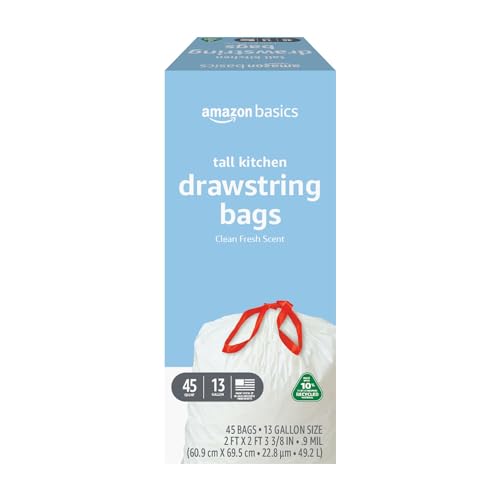 Amazon Basics 13 Gallon Tall Kitchen Drawstring Trash Bags, Clean Fresh Scent, 10% Post Consumer Recycled, 45 Count