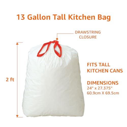 Amazon Basics 13 Gallon Tall Kitchen Drawstring Trash Bags, Clean Fresh Scent, 10% Post Consumer Recycled, 45 Count