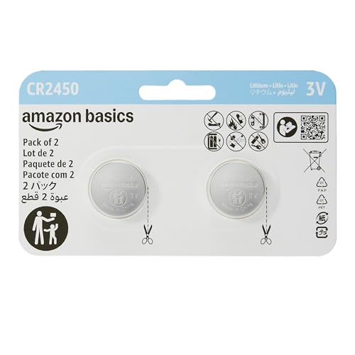Amazon Basics 2-Pack CR2450 Lithium Coin Cell Battery, 3 Volt, Long Lasting Power, Mercury-Free, Child-Safe Package (Use Scissors to Open)