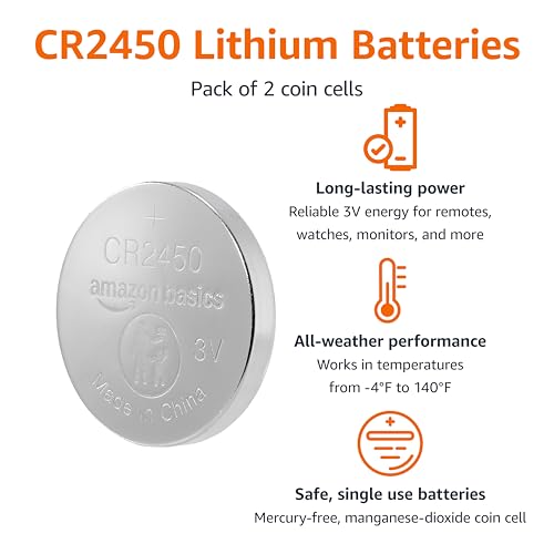 Amazon Basics 2-Pack CR2450 Lithium Coin Cell Battery, 3 Volt, Long Lasting Power, Mercury-Free, Child-Safe Package (Use Scissors to Open)