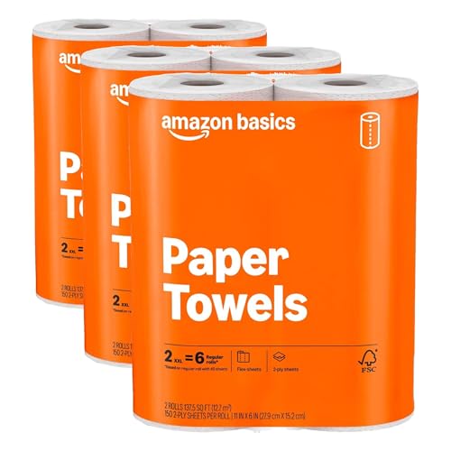 Amazon Basics 2-Ply Flex-Sheets Paper Towels, 6 Rolls = 20 Regular Rolls, 150 Sheets per Roll, Everyday Value