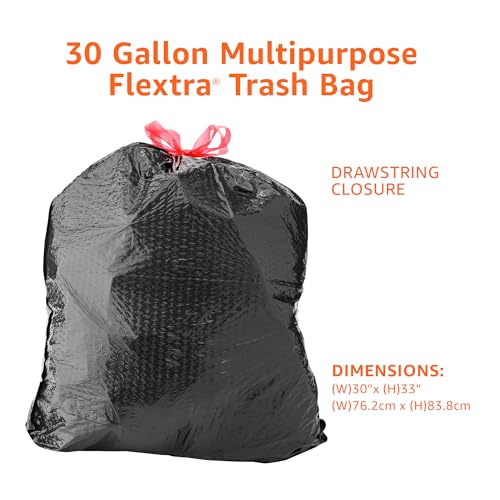 Amazon Basics 30 Gallon Flextra Strength Multipurpose Drawstring Trash Bags, 20% Post Consumer Recycled, 50 count