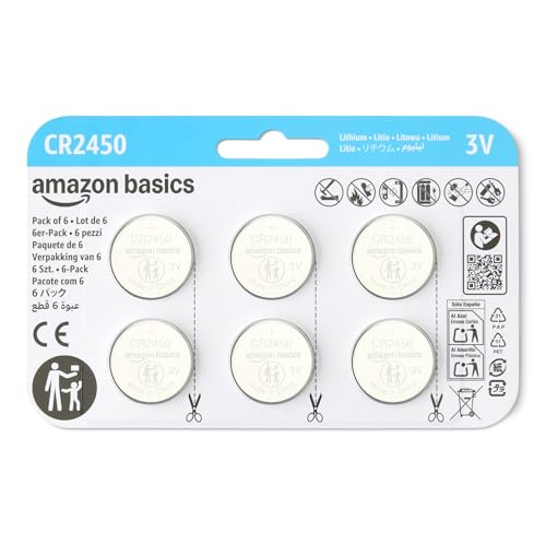 Amazon Basics 6-Pack CR2450 Lithium Coin Cell Battery, 3 Volt, Long Lasting Power, Mercury-Free, Child-Safe Package (Use Scissors to Open)