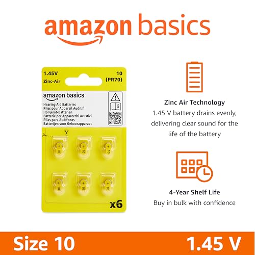 Amazon Basics 60-Pack Hearing Aid Size 10 Zinc-Air Batteries, 1.45 Volt, Yellow Tab, 4-Year Shelf Life, Child-Safe Package (Use Scissors to Open)