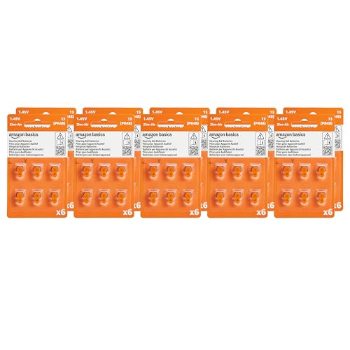 Amazon Basics 60-Pack Hearing Aid Size 13 Zinc-Air Batteries, 1.45 Volt, Orange Tab, 4-Year Shelf Life, Child-Safe Package (Use Scissors to Open)