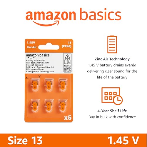 Amazon Basics 60-Pack Hearing Aid Size 13 Zinc-Air Batteries, 1.45 Volt, Orange Tab, 4-Year Shelf Life, Child-Safe Package (Use Scissors to Open)