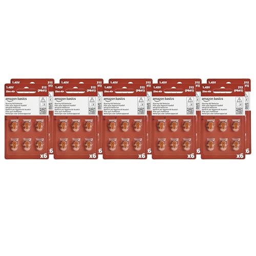 Amazon Basics 60-Pack Hearing Aid Size 312 Zinc-Air Batteries, 1.45 Volt, Brown Tab, 4-Year Shelf Life, Child-Safe Package (Use Scissors to Open)