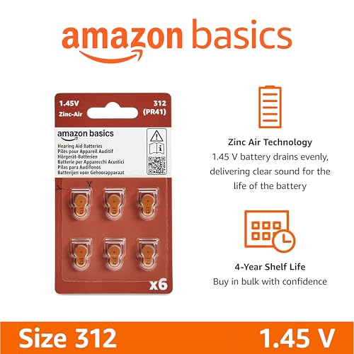 Amazon Basics 60-Pack Hearing Aid Size 312 Zinc-Air Batteries, 1.45 Volt, Brown Tab, 4-Year Shelf Life, Child-Safe Package (Use Scissors to Open)