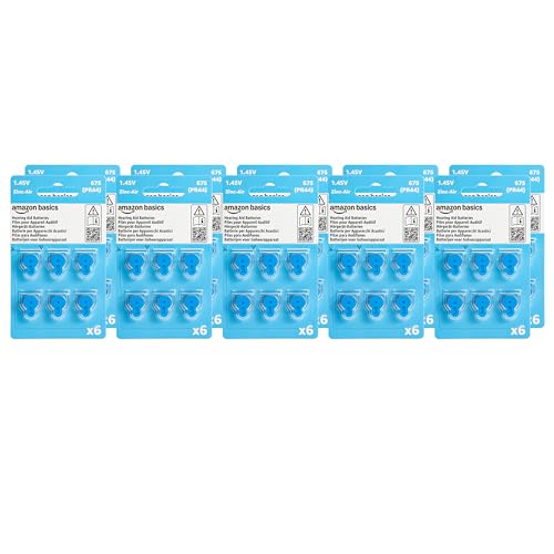 Amazon Basics 60-Pack Hearing Aid Size 675 Zinc-Air Batteries, 1.45 Volt, Blue Tab, 4-Year Shelf Life, Child-Safe Package (Use Scissors to Open)