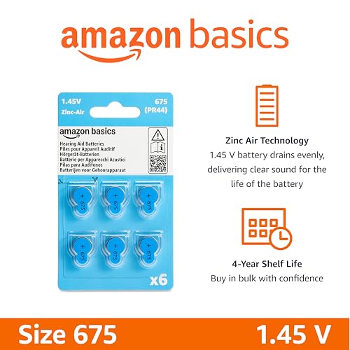 Amazon Basics 60-Pack Hearing Aid Size 675 Zinc-Air Batteries, 1.45 Volt, Blue Tab, 4-Year Shelf Life, Child-Safe Package (Use Scissors to Open)