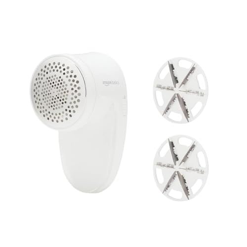 Amazon Basics Battery Operated Fabric Shaver for Clothes, Remove Pilling, Lint and Fuzz Removal, 6-Leaf Blades with Safety Lock, Portable, Includes 2 Spare Blades, White