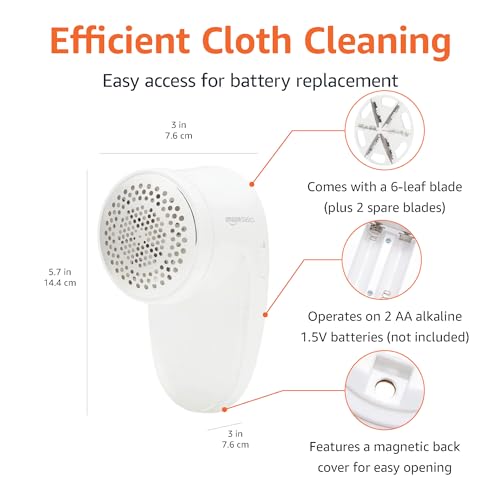 Amazon Basics Battery Operated Fabric Shaver for Clothes, Remove Pilling, Lint and Fuzz Removal, 6-Leaf Blades with Safety Lock, Portable, Includes 2 Spare Blades, White view 2
