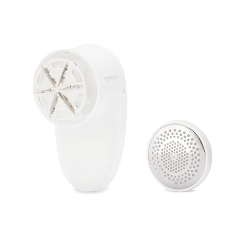 Amazon Basics Battery Operated Fabric Shaver for Clothes, Remove Pilling, Lint and Fuzz Removal, 6-Leaf Blades with Safety Lock, Portable, Includes 2 Spare Blades, White view 3