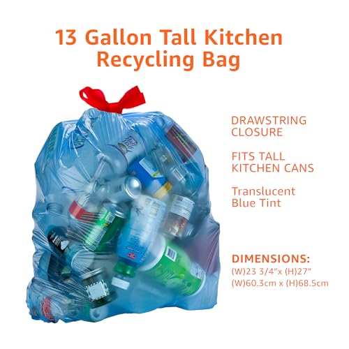 Amazon Basics Blue Recycling Drawstring Trash Bags, Tall Kitchen, Unscented, 13 Gallon, 60 Count view 3