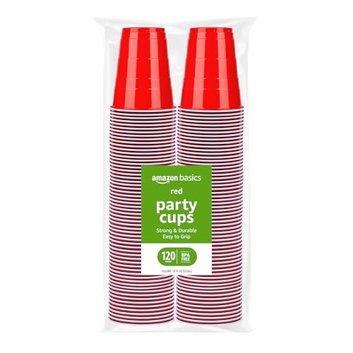 Amazon Basics Disposable Plastic Party Cups, Red, 18oz, 120 Count, Large Pack