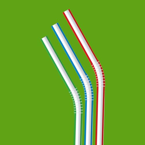 Amazon Basics Disposable Striped Plastic Flex Straws, 7.5" Long, Assorted Colors, 100 Count, Large Pack