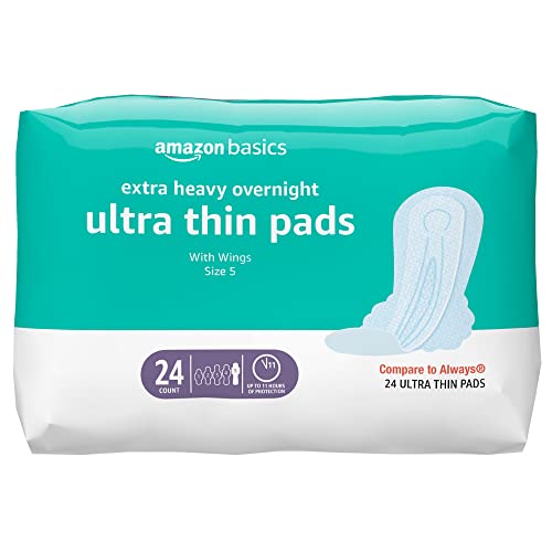 Amazon Basics Extra Heavy Overnight Pads for Women, Ultra Thin with Flexi-Wings, Unscented, Size 5, 24 Count, 1 Pack (Previously Solimo)