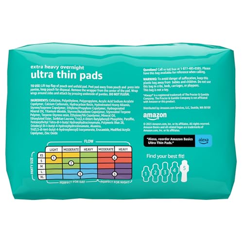 Amazon Basics Extra Heavy Overnight Pads for Women, Ultra Thin with Flexi-Wings, Unscented, Size 5, 24 Count, 1 Pack (Previously Solimo)
