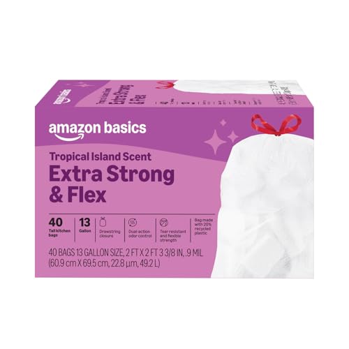 Amazon Basics Extra Strong & Flex Tall Kitchen Drawstring Trash Bags, Tropical Island Scent, 13 Gallon, Tear Resistant with Odor Control, 40 Count