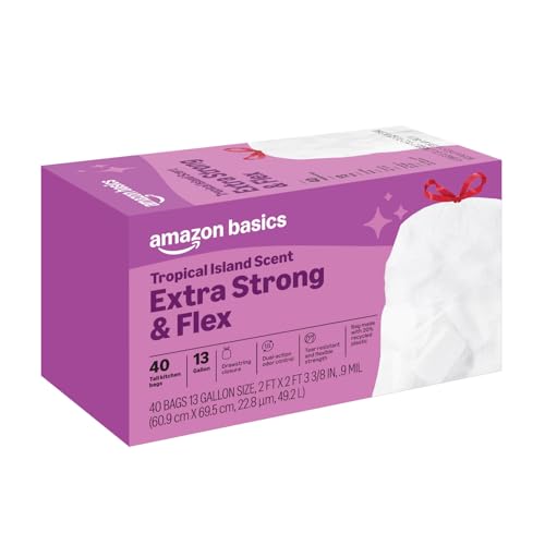 Amazon Basics Extra Strong & Flex Tall Kitchen Drawstring Trash Bags, Tropical Island Scent, 13 Gallon, Tear Resistant with Odor Control, 40 Count view 2
