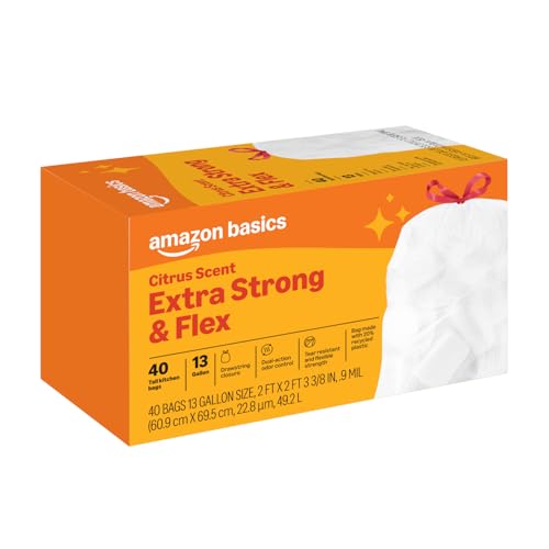 Amazon Basics Extra Strong & Flex Tall Kitchen Drawstring Trash Bags, Citrus Scent, 13 Gallon, 40 Count view 2