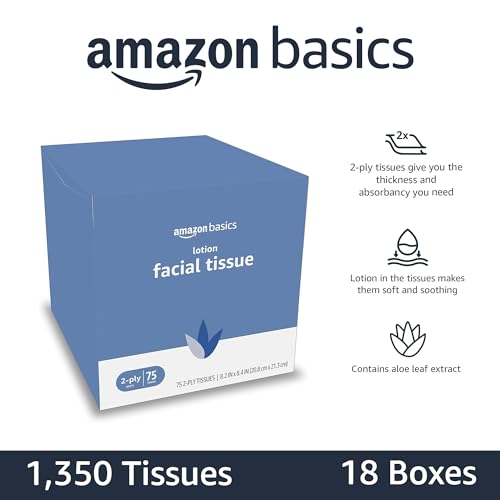 Amazon Basics Facial Tissue with Lotion, 2-Ply, 1350 Count (36 Packs of 75), (Packaging May Vary)