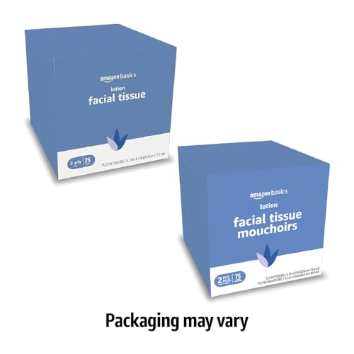Amazon Basics Facial Tissues with Lotion, 2-Ply, 300 Count (4 Boxes, 75 Tissues per Box), Packaging May Vary view 3