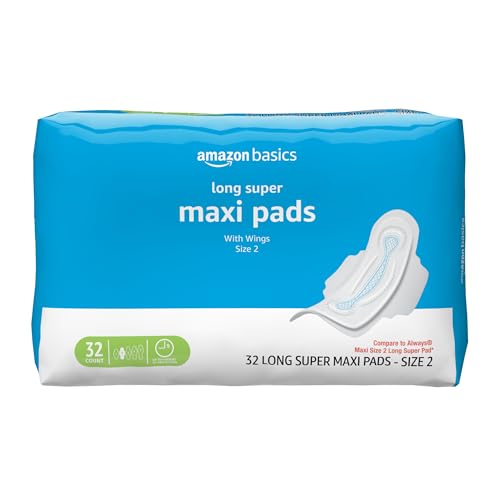 Amazon Basics Feminine Maxi Pads with Flexi-Wings for Periods, Long Length, Super Absorbency, Unscented, Size 2, 32 Count, 1 Pack (Previously Solimo) view 2