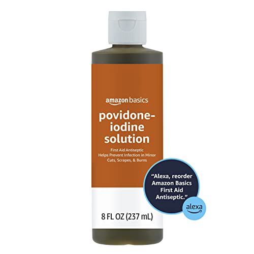 Amazon Basics First Aid Antiseptic, 10% Povidone Iodine Solution First Aid Antiseptic, Unflavored, 8 Fluid Ounces, 1-Pack (Previously Solimo)