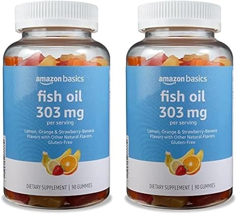Amazon Basics Fish Oil 303 mg, Lemon, Orange & Strawberry-Banana Flavors, 90 Gummies (2 per Serving), EPA and DHA Omega-3 Fatty acids (Previously Solimo) (Pack of 2)