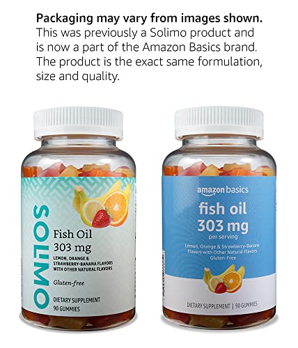Amazon Basics Fish Oil 303 mg, Lemon, Orange & Strawberry-Banana Flavors, 90 Gummies (2 per Serving), EPA and DHA Omega-3 Fatty acids (Previously Solimo) (Pack of 2)