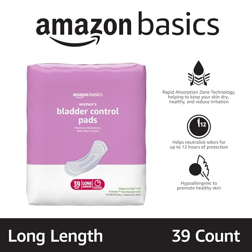 Amazon Basics Incontinence Pads for Women Long, Bladder Control, Postpartum, Maximum Absorbency, Unscented, 39 Count