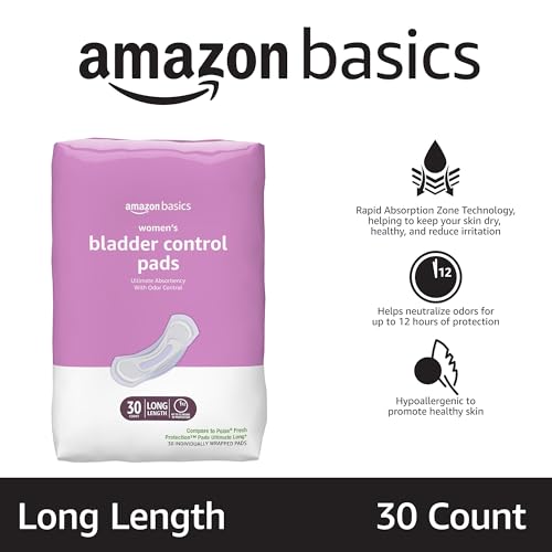 Amazon Basics Incontinence Pads for Women Long, Bladder Control, Postpartum, Ultimate Absorbency, Unscented, 30 Count