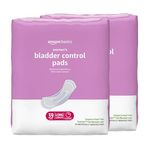Amazon Basics Incontinence Pads for Women Long, Bladder Control, Postpartum, Maximum Absorbency, Unscented, 78 Count (2 Packs of 39)