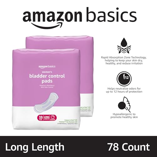 Amazon Basics Incontinence Pads for Women Long, Bladder Control, Postpartum, Maximum Absorbency, Unscented, 78 Count (2 Packs of 39)