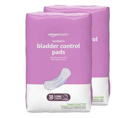 Amazon Basics Incontinence Pads for Women Long, Bladder Control, Postpartum, Ultimate Absorbency, Unscented, 60 Count (2 Packs of 30)