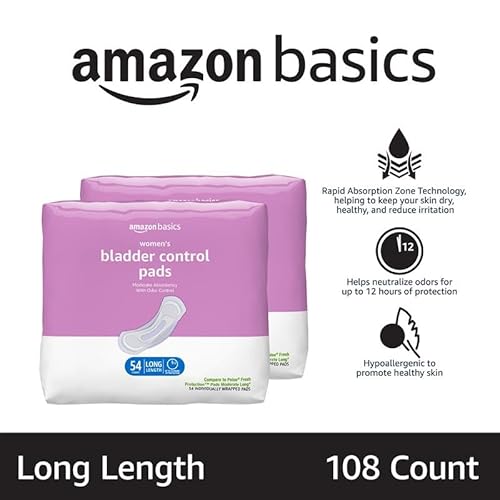 Amazon Basics Incontinence Pads for Women Long, Bladder Control, Postpartum, Moderate Absorbency, Unscented, 108 Count (2 Packs of 54)