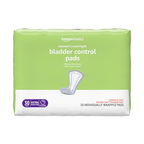 Amazon Basics Incontinence Pads for Women, Postpartum Pads, Bladder Control, Overnight Absorbency, Fresh Protection, Unscented, 30 Count