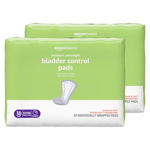 Amazon Basics Incontinence Pads for Women, Postpartum, Bladder Control, Overnight Absorbency, Unscented, with Odor Control, 60 Count (2 Packs of 30)