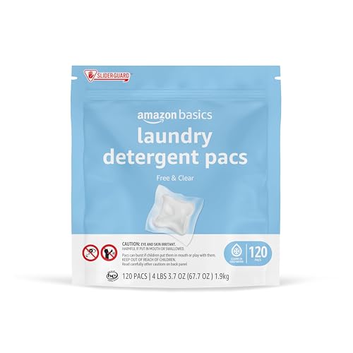 Amazon Basics Laundry Detergent Pacs, Free & Clear, Hypoallergenic, Fragrance Free, HE Compatible, Easy to Use, 120 Count (New Packaging)