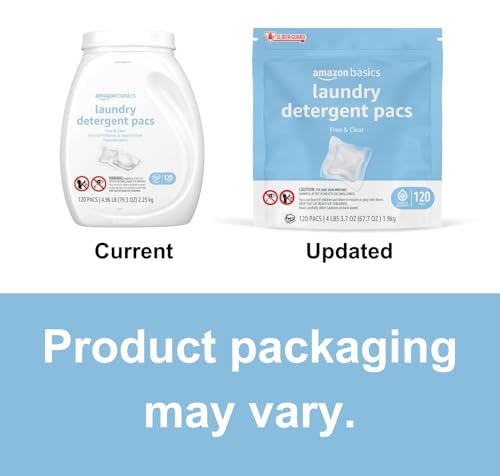 Amazon Basics Laundry Detergent Pacs, Hypoallergenic, Free & Clear, 120 Count (New Packaging)