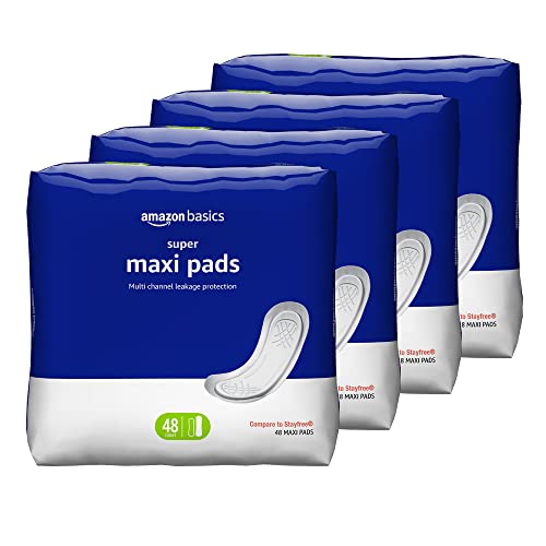 Amazon Basics Maxi Pads for Periods- Thick, Super Absorbency, Unscented, 192 Count, (4 Packs of 48)