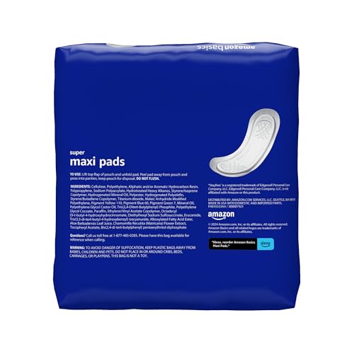 Amazon Basics Maxi Pads for Periods- Thick, Super Absorbency, Unscented, 192 Count, (4 Packs of 48)