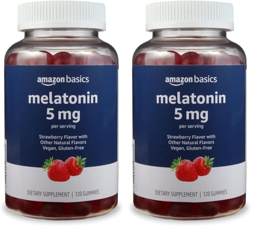 Amazon Basics Melatonin 5mg, 120 Gummies (2 per Serving), Strawberry (Previously Solimo) (Pack of 2)