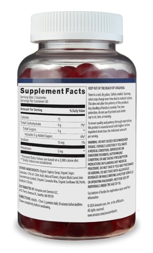 Amazon Basics Melatonin, Sleep Support Gummies, Strawberry Flavor, 5mg, 120 Count (Previously Solimo)
