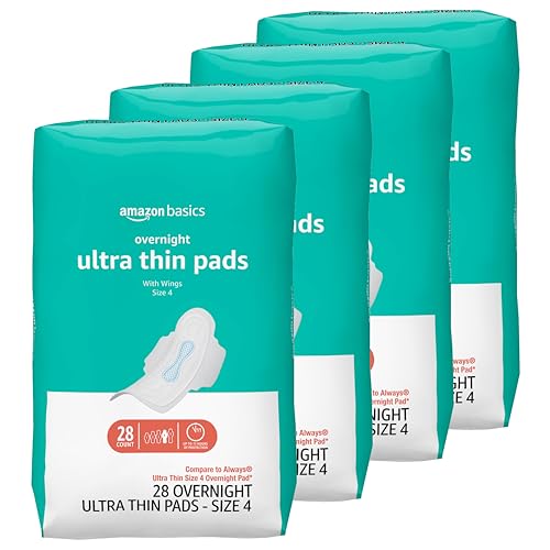 Amazon Basics Overnight Feminine Period Pads for Women, Ultra Thin with Flexi-Wings, Unscented, Size 4, 112 Count (4 Packs of 28)