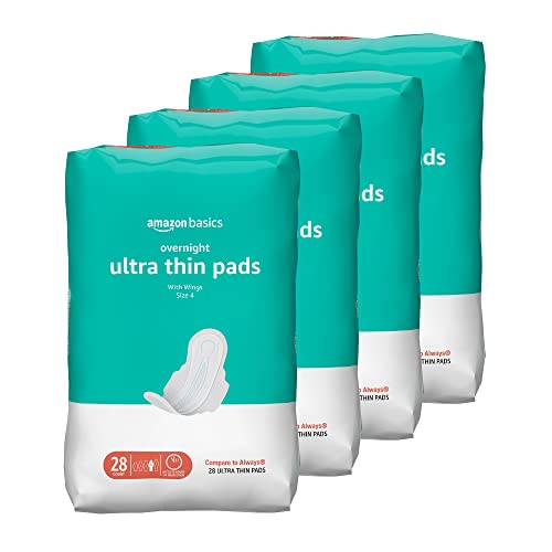 Amazon Basics Overnight Pads for Women, Ultra Thin with Flexi-Wings, Unscented, Size 4, 112 Count, (4 Packs of 28) (Previously Solimo)